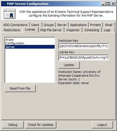 MAP Server Configuration - Server selected and partial Institution Key displayed.